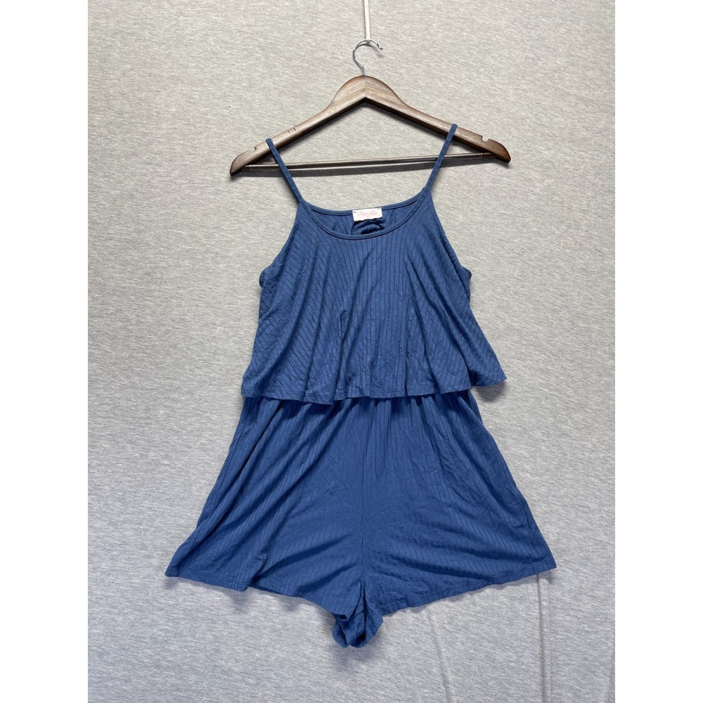 Pink Lily Ribbed Knit Overlay Romper Women Small Blue Rayon Scoop Neck One Piece